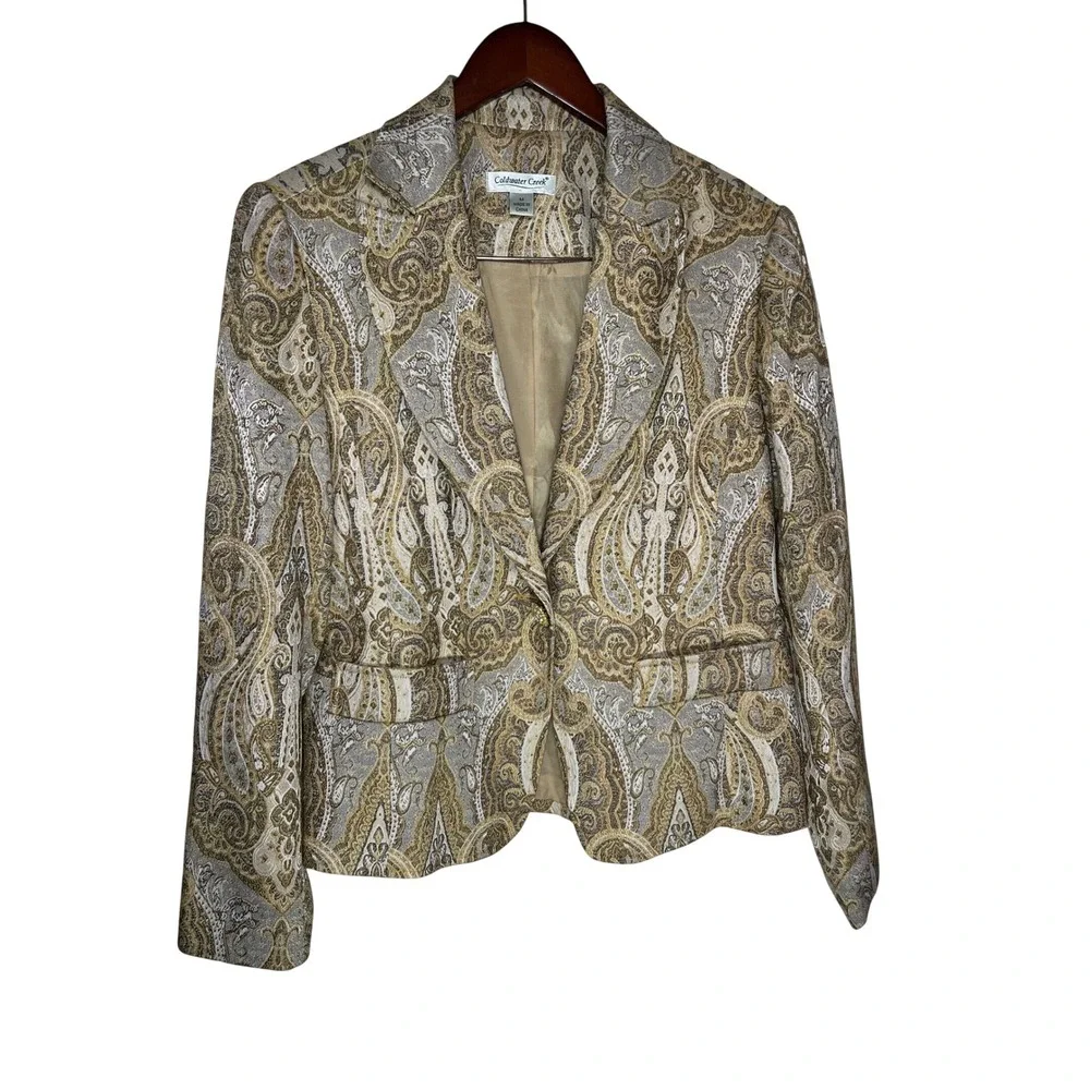 Coldwater Creek Blazer Jacquard Paisley Size Medium Gold Silver Metallic Button
